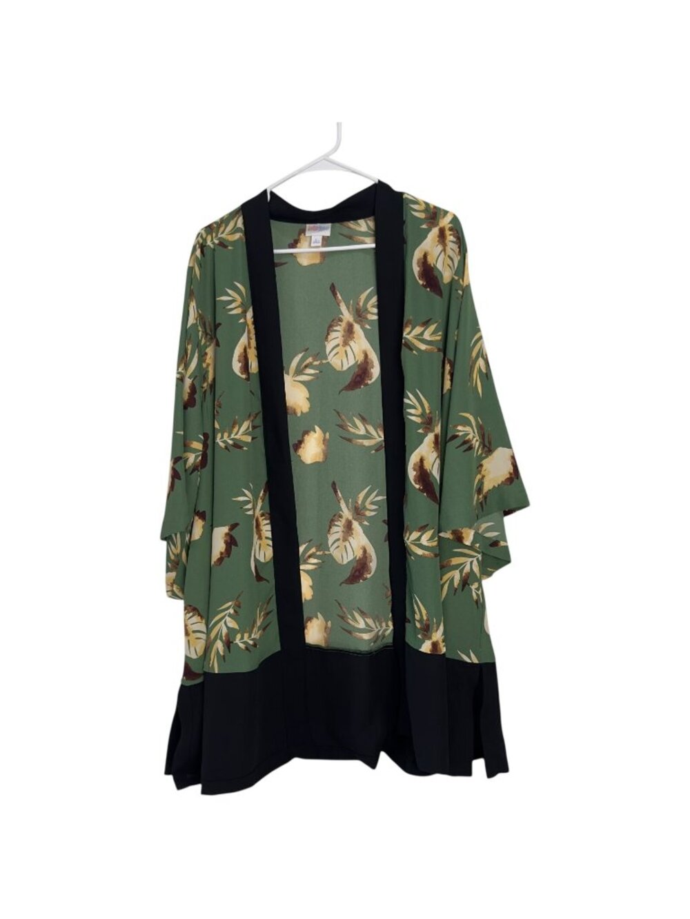 LuLaRoe Womens Floral Print Kimono Cardigan Green/Black Trim Size L Open Front